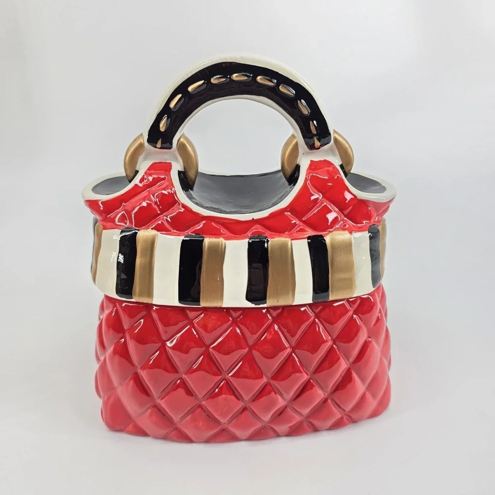 David's Cookies Jar Purse Red Black Gold Quilted Ceramic Cookie Jar, 6.5